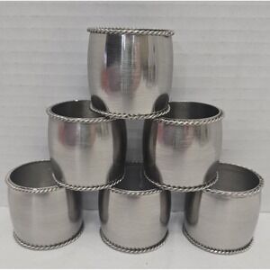 Vtg Pewter Barrel Napkin Rings Set of 6 Roped Rim Detail MCM/Boho Table Decor